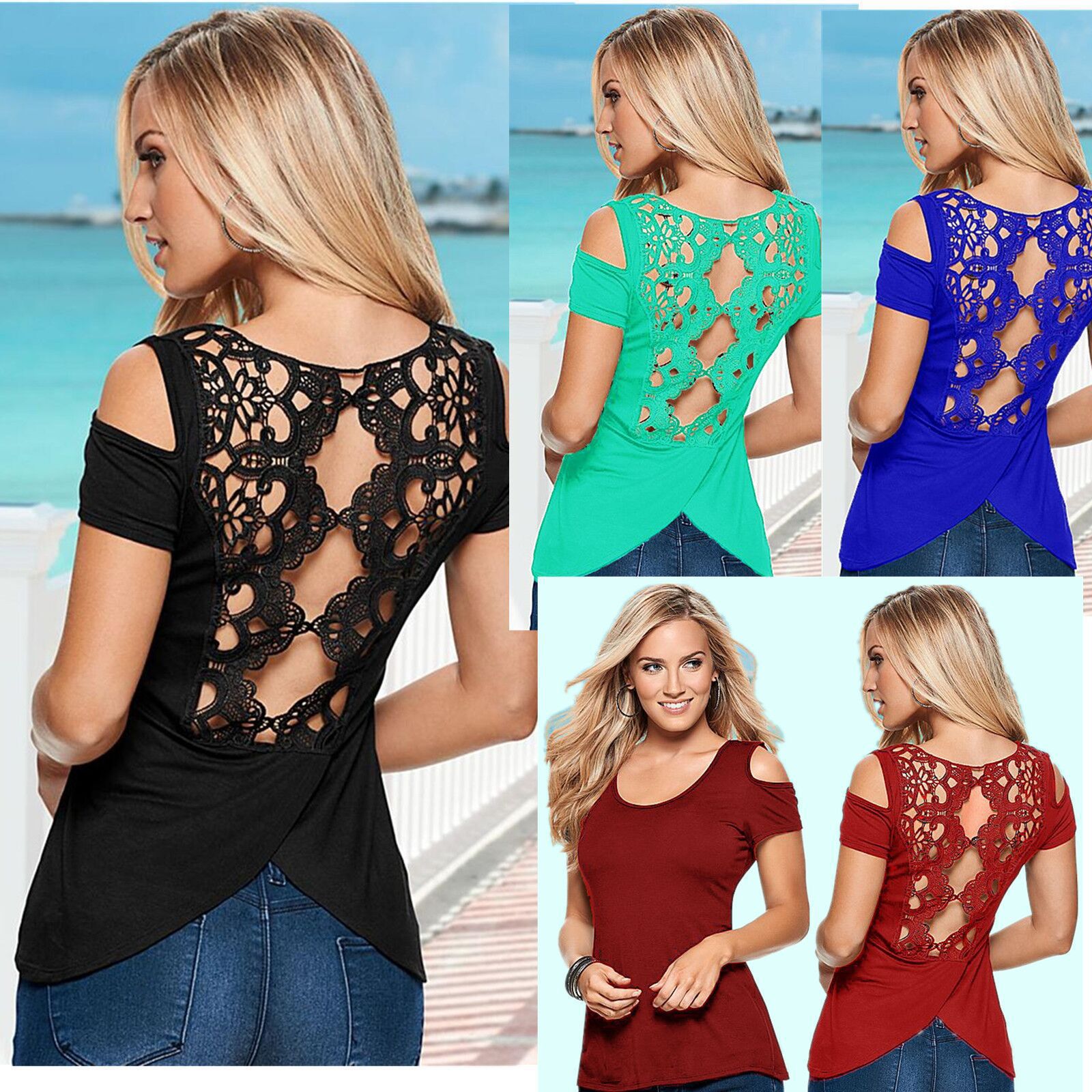 Women Summer Fashion Back Lace Stitching Solid Color Top T-shirt Women's Short Sleeve U Neck Loose Sexy Shirt, Blue
Women Summer Fashion Back Lace Stitching Solid Color Top T-shirt Women's Short Sleeve U Neck Loose Sexy Shirt, Blue