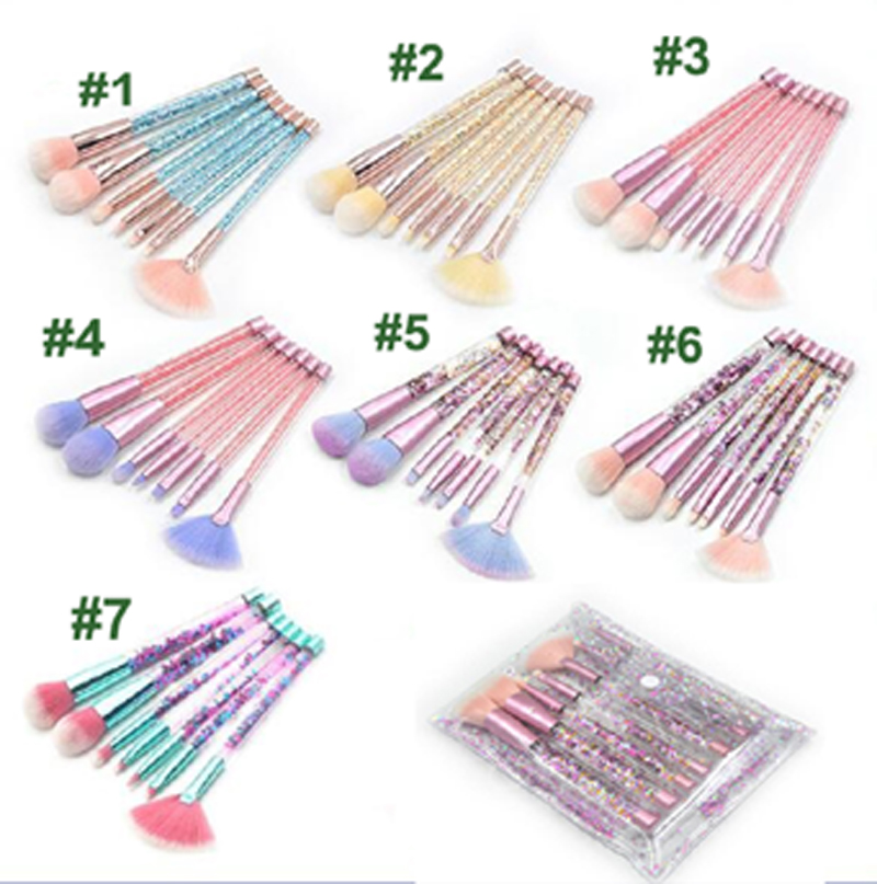 7pcs professinal Crystal Glitter quicksand diamond Makeup Brushes Set with clear make up Bag tools 7colors in stock dhl free shipping