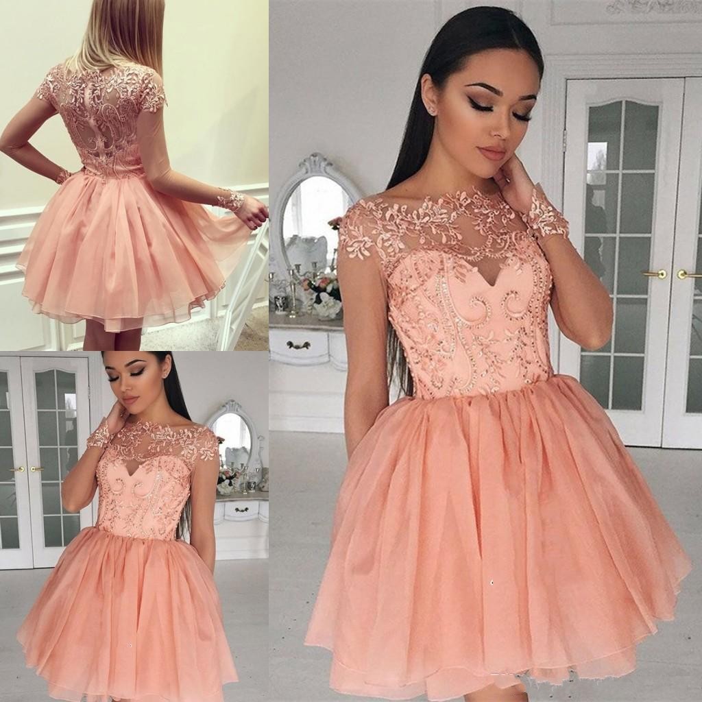 

2020 Short Mini A Line Peach Homecoming Dresses Illusion Lace Appliques Long Sleeves Zipper Back Tiered For Junior Cocktail Party Prom Gowns, Pink