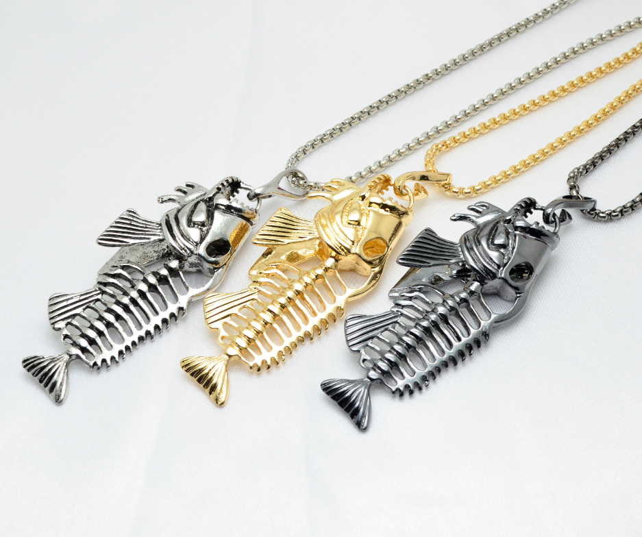 Fish bone fishing hook skeleton stainless steel pendant surfer chain necklace gold black silver unisex jewellery
Fish bone fishing hook skeleton stainless steel pendant surfer chain necklace gold black silver unisex jewellery