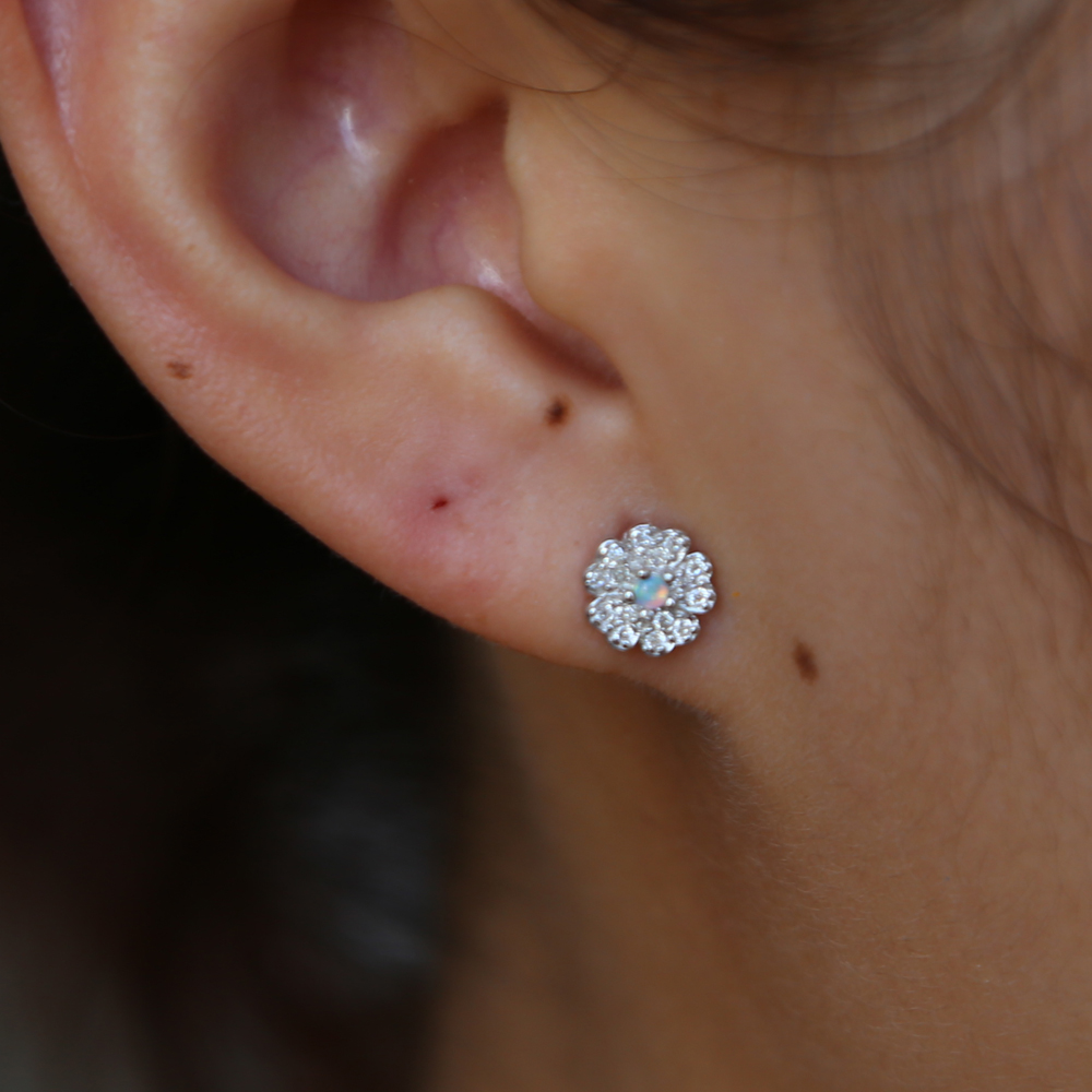 100% 925 sterling silver beautiful flower stud earring for girl female gift delicate dainty chrysanthemum flower paved cz opal stone stud