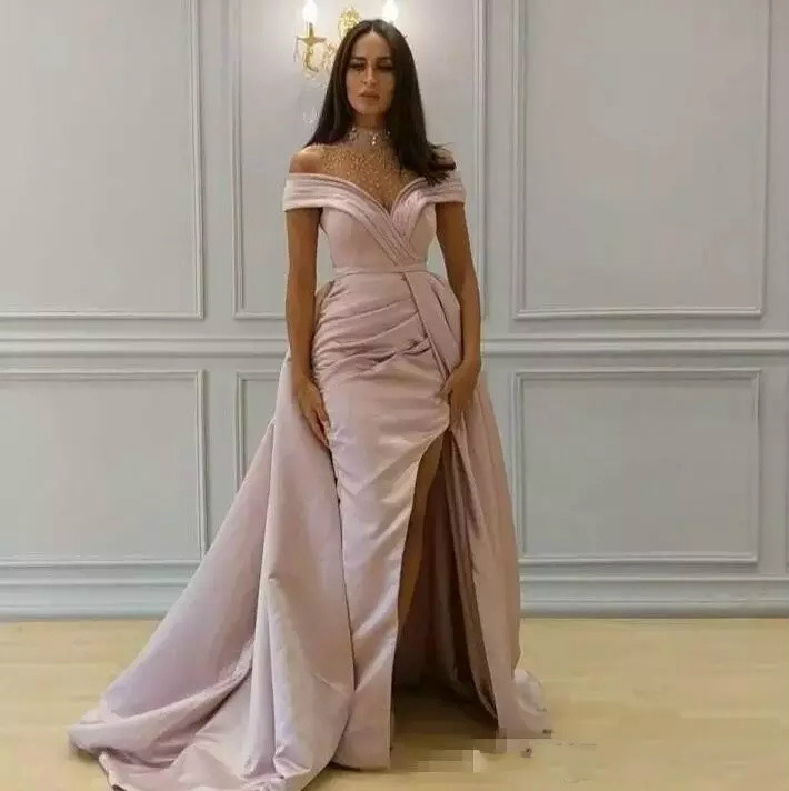 High Neck Satin Evening Dresses Zuhair Murad Sweep Train Side Split Generous Prom Dress Evening Wear Detachable Long Train Gowns