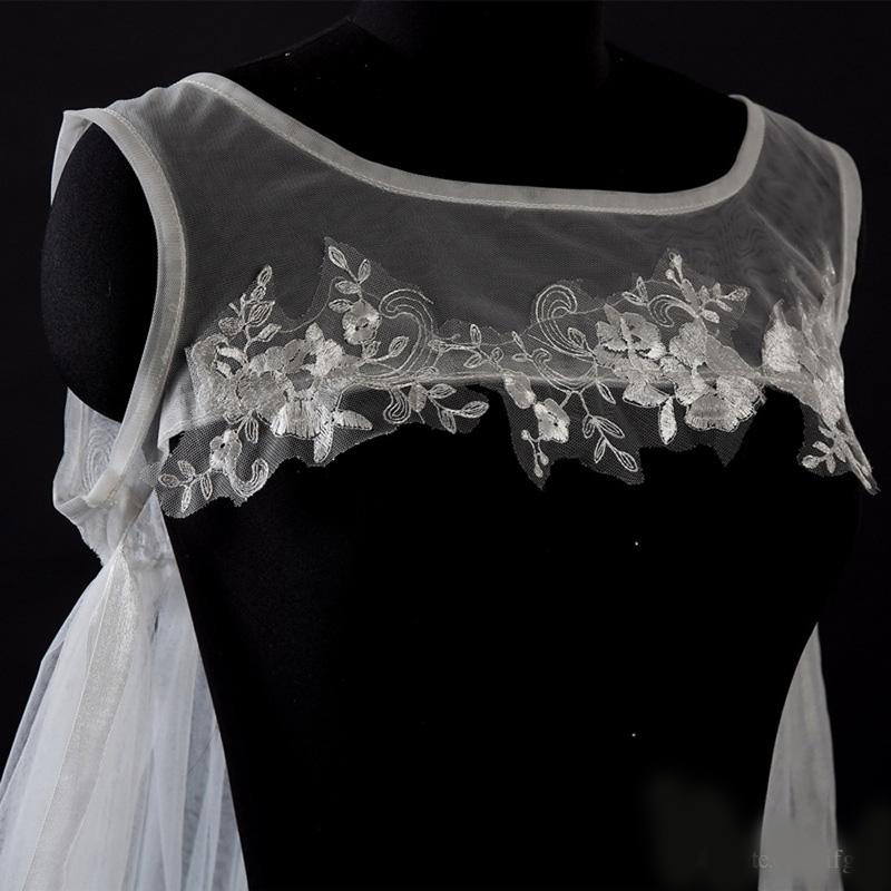 2020 Elegant Appliques Lace Sleeveless 115inch Cathedral Train Wedding Bridal Wraps Sheer Jewel Neck Wedding Bridal Capes