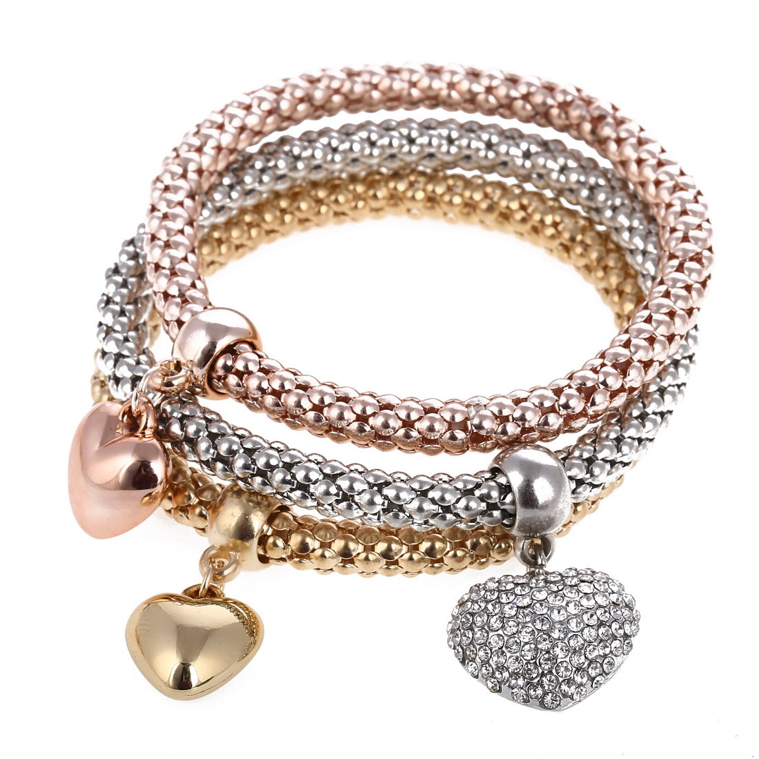 Hot Selling Fashions beautiful Personality Three-color Stretch Corn Chain Diamond Love Heart Bracelet free shipping HJ174
