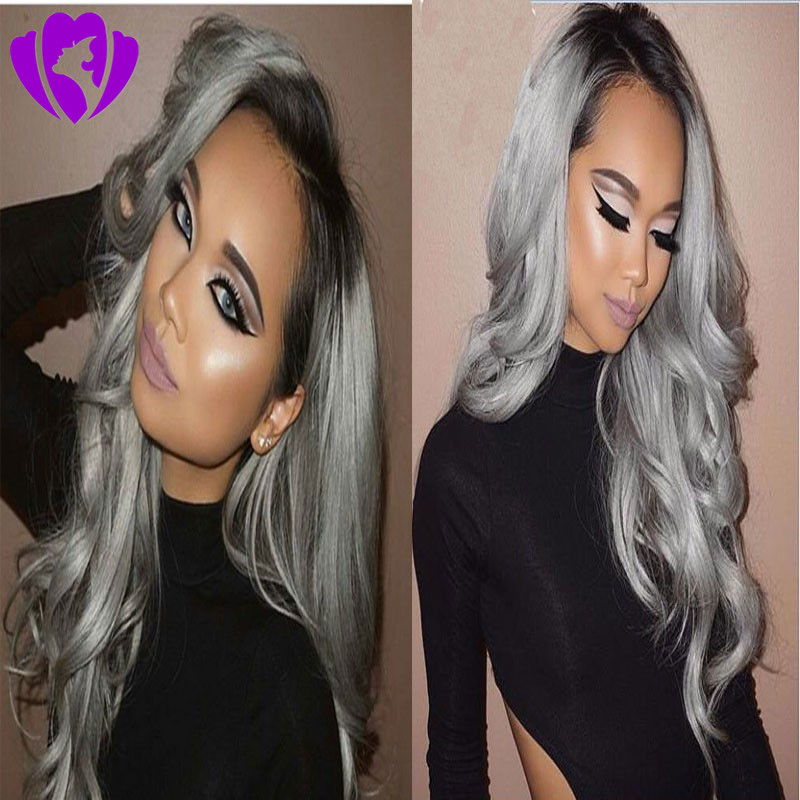 Stock short bob wig grey color Synthetic Front Lace Wig body Wave ombre lace wig Free Parting Glueless Fiber Hair