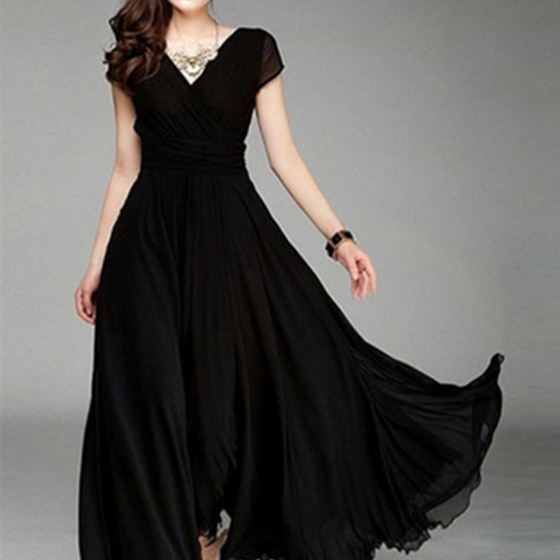 Bohemian Women 2018 Short Sleeve Fit And Flare Slim Dress Female Solid V Neck Floor Length Beach Empire Dress Plus Size HO802482 D1891703