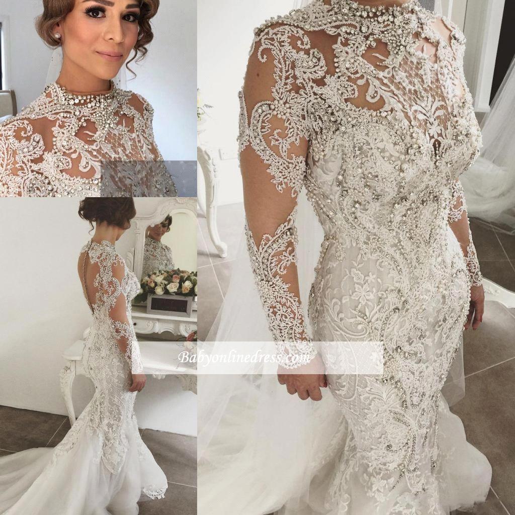 2018 New Luxury Mermaid Lace Wedding Dresses Illusion Long Sleeve Crystal Sheer Back Sweep Train Mermaid Bridal Gown BC0097, White
2018 New Luxury Mermaid Lace Wedding Dresses Illusion Long Sleeve Crystal Sheer Back Sweep Train Mermaid Bridal Gown BC0097, White
