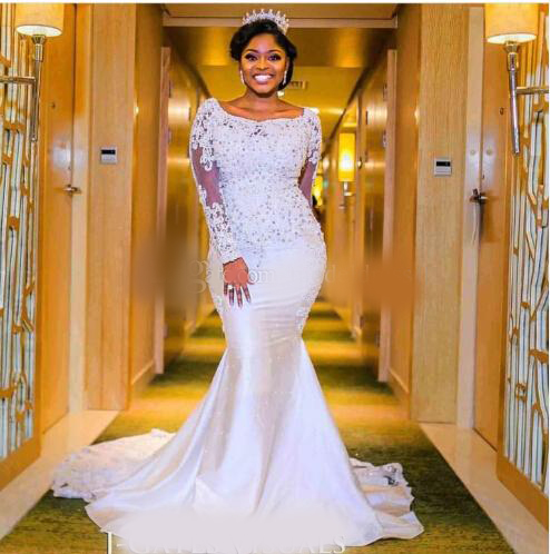 Long Sleeves Mermaid Arfain Arabic Wedding Dresses 2020 Bateau Lace Beaded Court Train Bridal Gowns Vestidos De Noiva Plus Size Customized