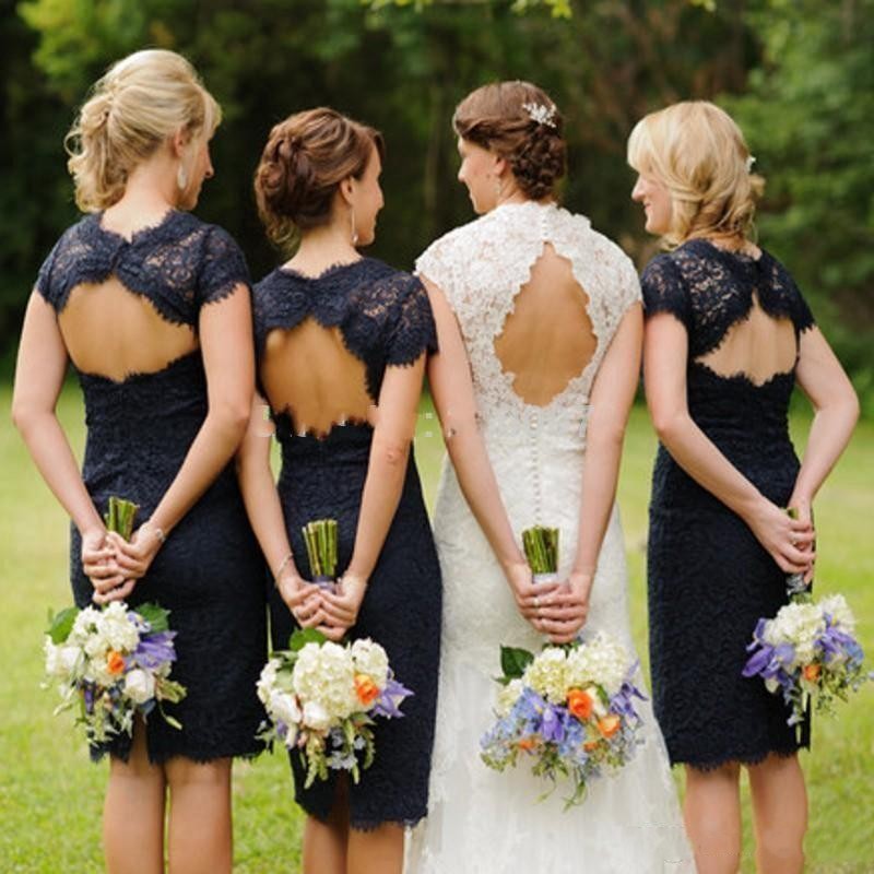 Full Dark Navy Lace Short Sheath Bridesmaid Jewel Neck Knee Length Backless Maid Of Honor Wedding Party Dresses Cheap Formal Gowns