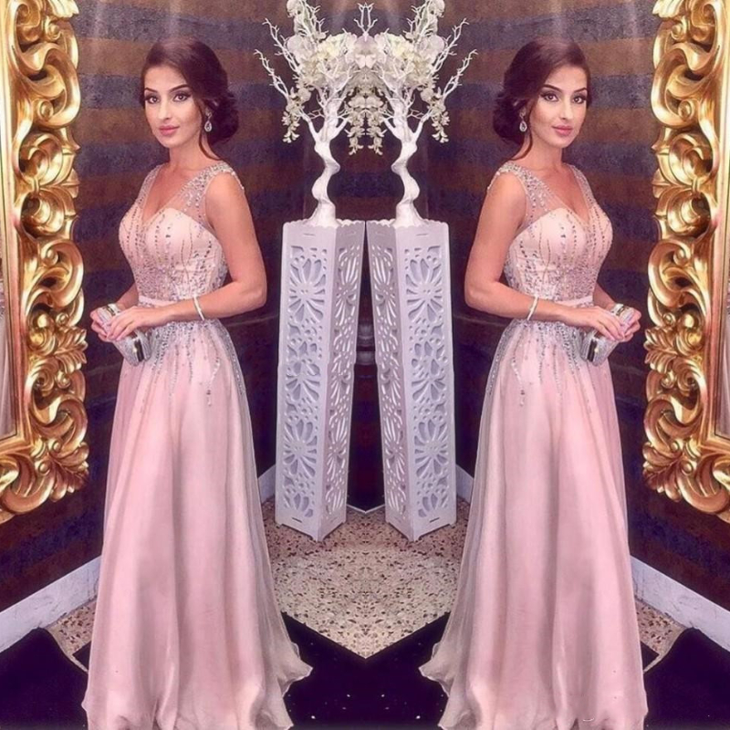 Elegant Blush Pink Evening Dresses Long 2022 A-Line Sexy Straps V Neck Major Beading Prom Party Red Carpet Dress Girls Pageant Gowns