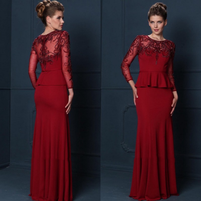 Red Mermaid Mother of the Bride Dresses Jewel Neck Sheer Long Sleeves Appliqued Sequins Prom Dresses With Peplum Plus Size Mothers' Dress
