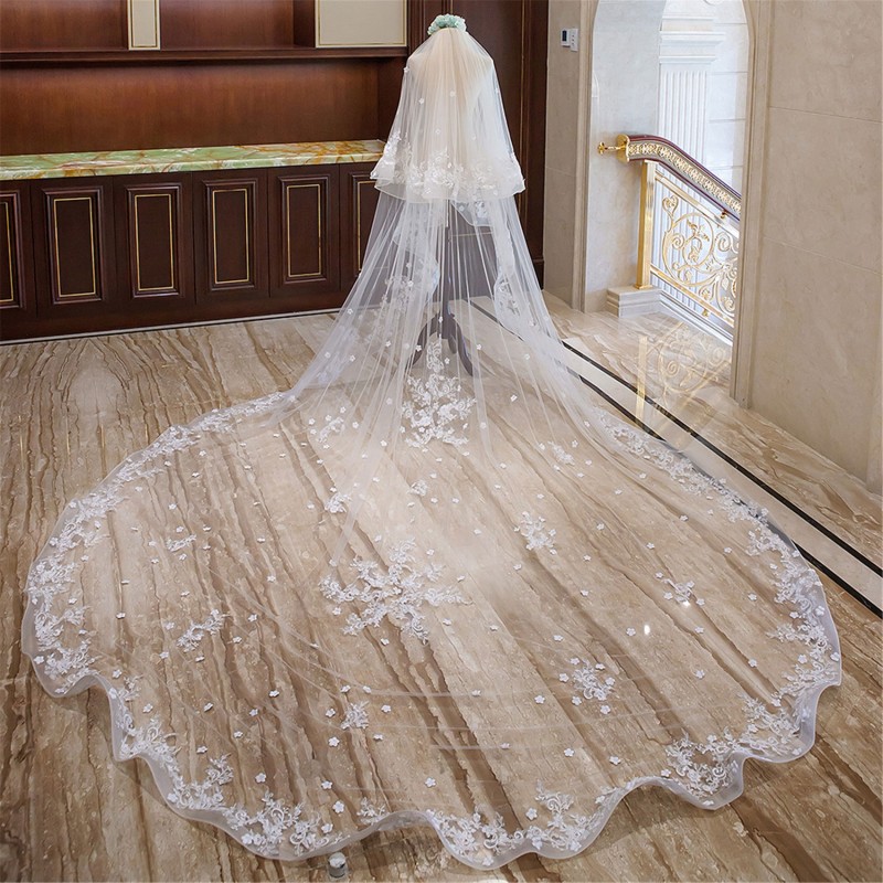 Elegant Two Layers Long Cathedral Wedding Veils Floral Appliqued Lace Trim Soft Tulle One Layer Wide Bridal Veil With Comb