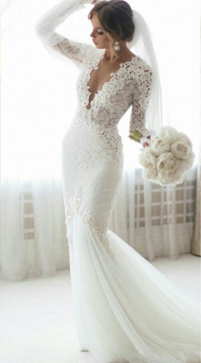 Chic Spring Mermaid Wedding Dress Sexy Deep V Neck Lace Applique Long Sleeves Sweep Train Tulle Bridal Gowns Plus Size Wedding Dresses