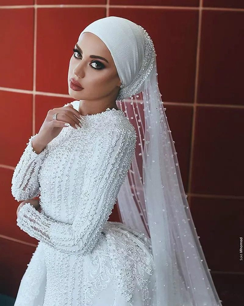 2019 Musilm Mermaid Wedding Dresses With Detachable Skirt Beaded Applique Pearls Country Bridal Dress Sweep Train Jewel Neck Wedding Gowns