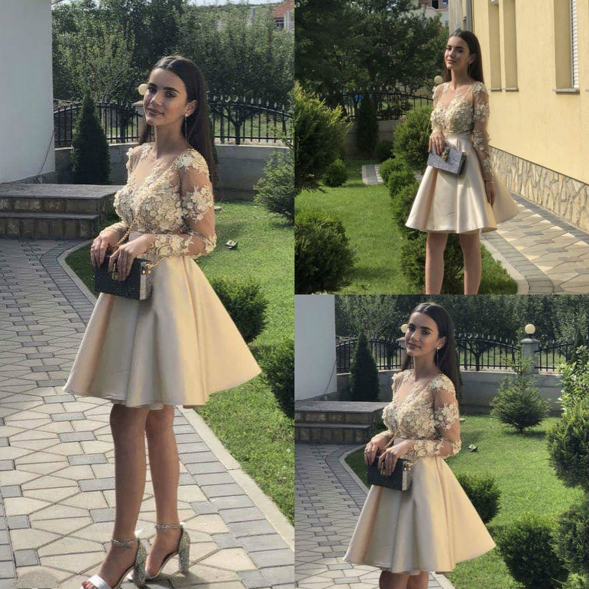 2018 Champagne Short Prom Dress Sexy Illusion Sheer Neck 3D Floral Applique Long Sleeves Guest Dress Formal Party Homecoming Dresses