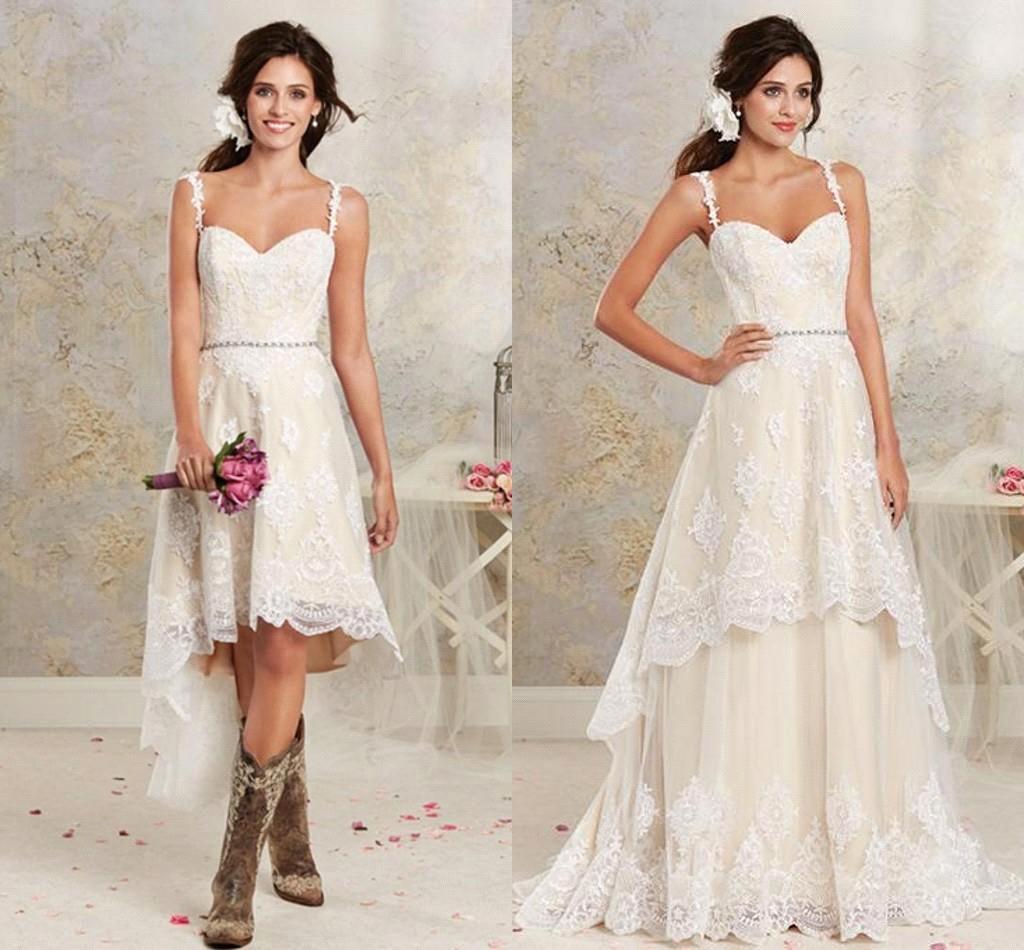 Removable Skirt Lace A Line Dresses Spaghetti Straps Applique High Low Country Summer Beach Wedding Bridal Gowns Ba1855 0510