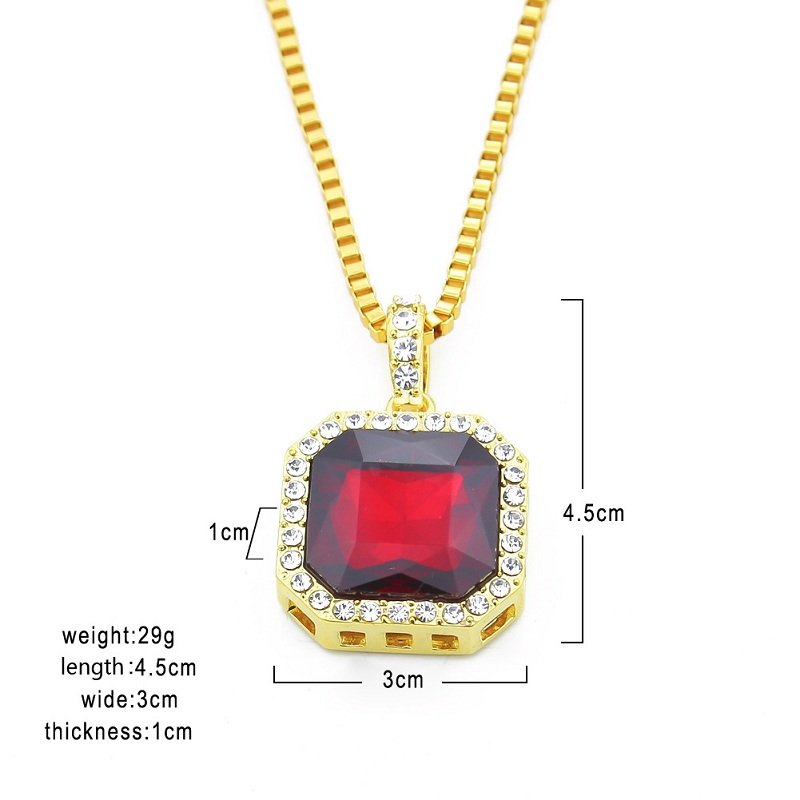Mens Square Ruby Pendant Necklace Gold Box Chain For Men Fashion Hip Hop Necklaces Jewelry