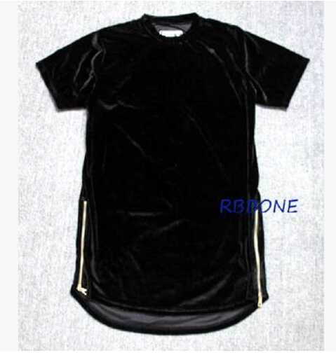 Hi-Street Men Extended T-Shirt Velour Mens Hip Hop Longline T Shirts Golden Side Zipper Velvet Curved Hem Tee Shorts