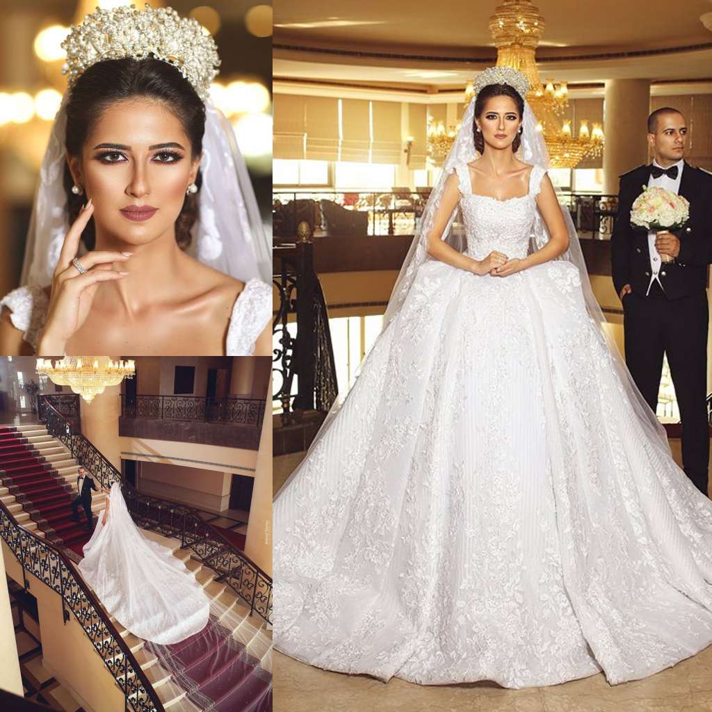 Luxury Lace Wedding Dresses Square Neck Backless Bridal Gowns With Cathedral Train Dubai Plus Size Wedding Dress Custom