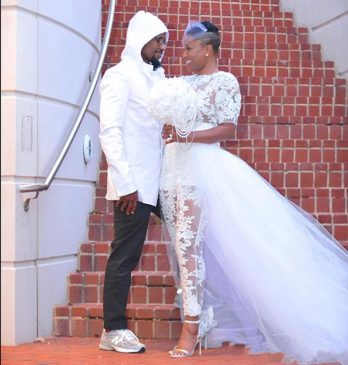 Wedding Jumpsuit Beach Dresses with Detachable Train See Through Lace Bodice Plus Size Nigerian African Bridal Gowns