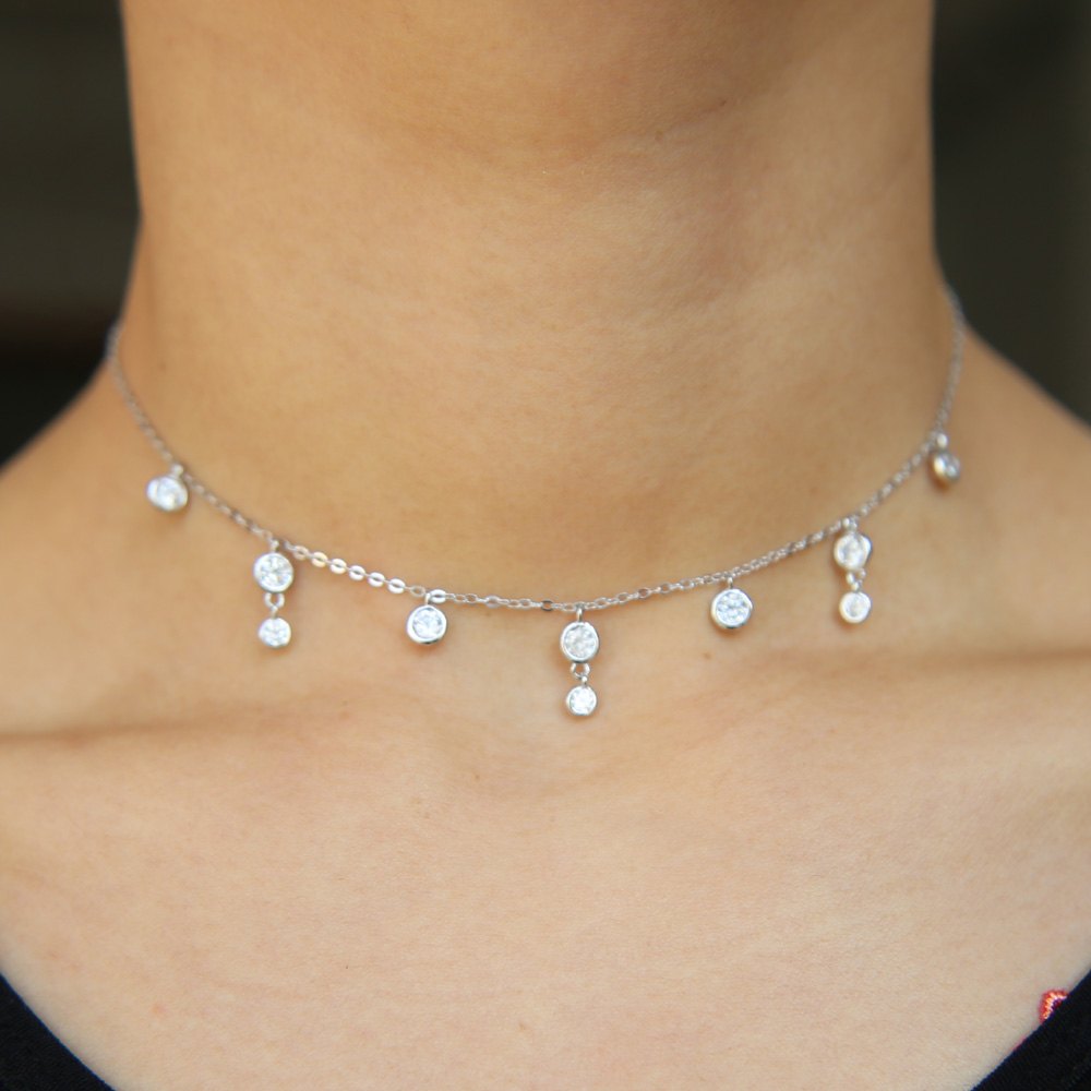 Cz diamond drop charm necklace choker collarbone bezel round cz charm lovely adorable women gift 925 sterling silver jewelry