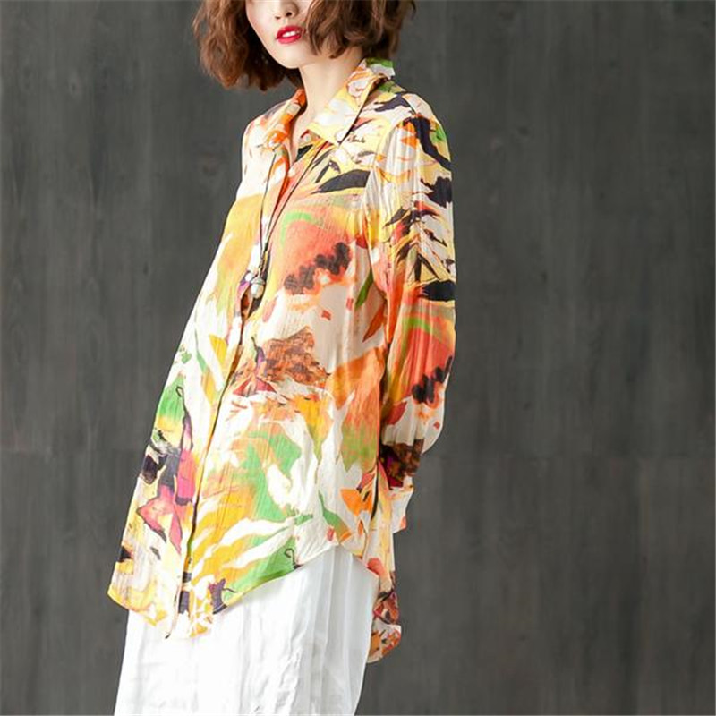 BUYKUD 2018 Summer Printed Collar Single Breasted Blouse Women Long Sleeve Casual Loose Zipper Female Irregular Shirt&Tops