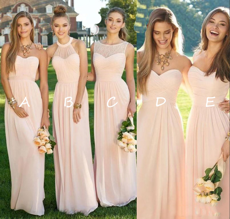 Charming Pink Chiffon Long Bridesmaid Dresses Summer Bride Formal Prom Party Dresses with Ruffles Real Simple Custom Made Bridesmaid Gowns