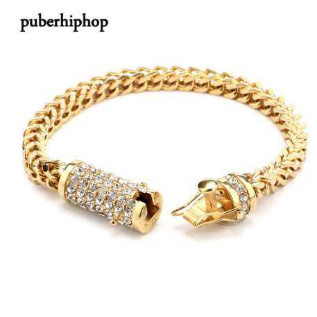 Men's Stainless Steel Gold Bracelet Iced Out Miami Cuban Link Bracelet Bling Hip Hop Jewelry For Men With Crystal Box Clasp
