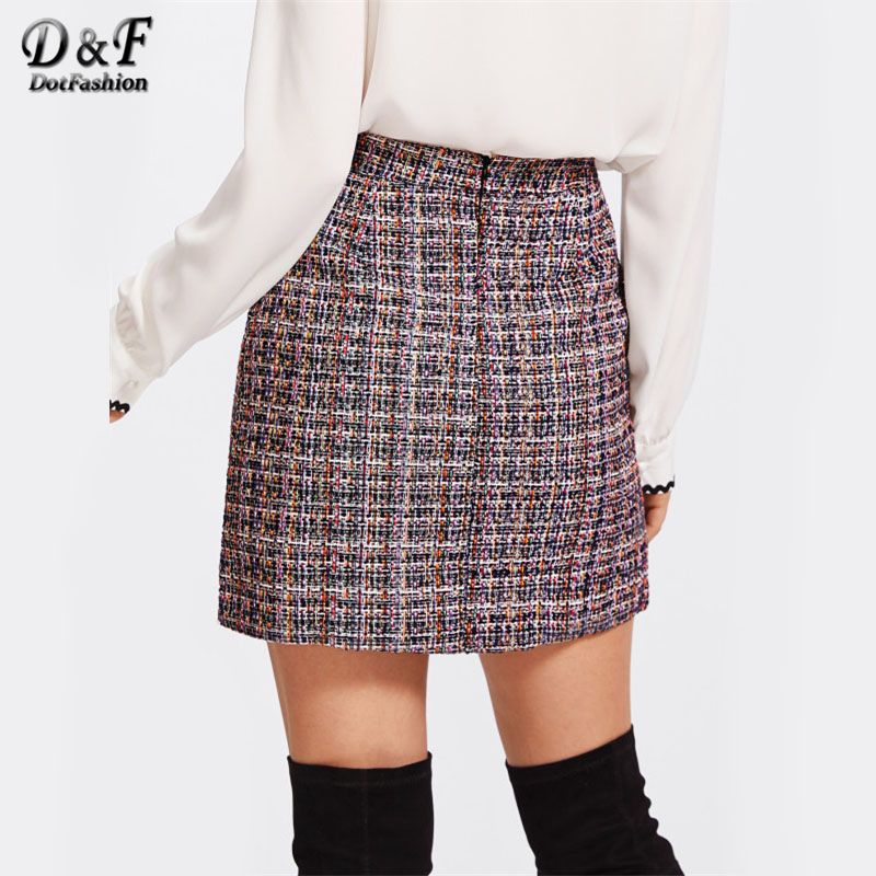 Dotfashion Zip Back Tweed Winter Skirt Women 2017 New Arrival Multi Plaid Cute Bottoms For Ladies A Line Short Skirt C18111301