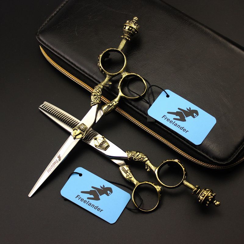 Freelander 6.0 inch 440C TB-66/TB-67 red drilled sunflower/TB-68 Pharaoh crown cutting/thinning scissors with leather case