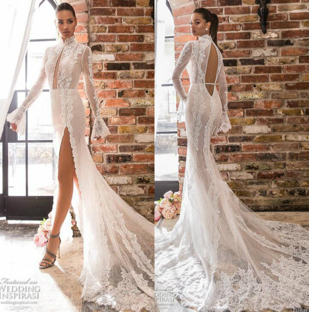 Elihav Sasson 2019 Mermaid Wedding Dress Long Sleeve High Neck Backless Lace Bridal Gowns Side Slit Custom Beach Wedding Gowns