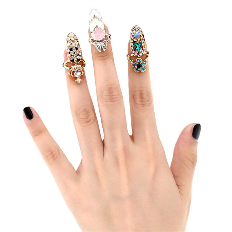 Bowknot Nail Ring Charm Crown Flower Crystal Finger Nail Rings For Women Lady Rhinestone Fingernail Protective Fashion Jewelry