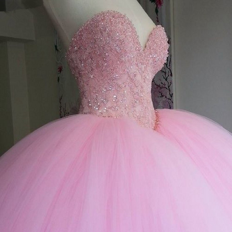2018 Sexy Princess Pink Sweetheart Crystal Ball Gown Quinceanera Dress with Appliques Beading Sweet 16 Dress Vestido Debutante Gowns BQ143