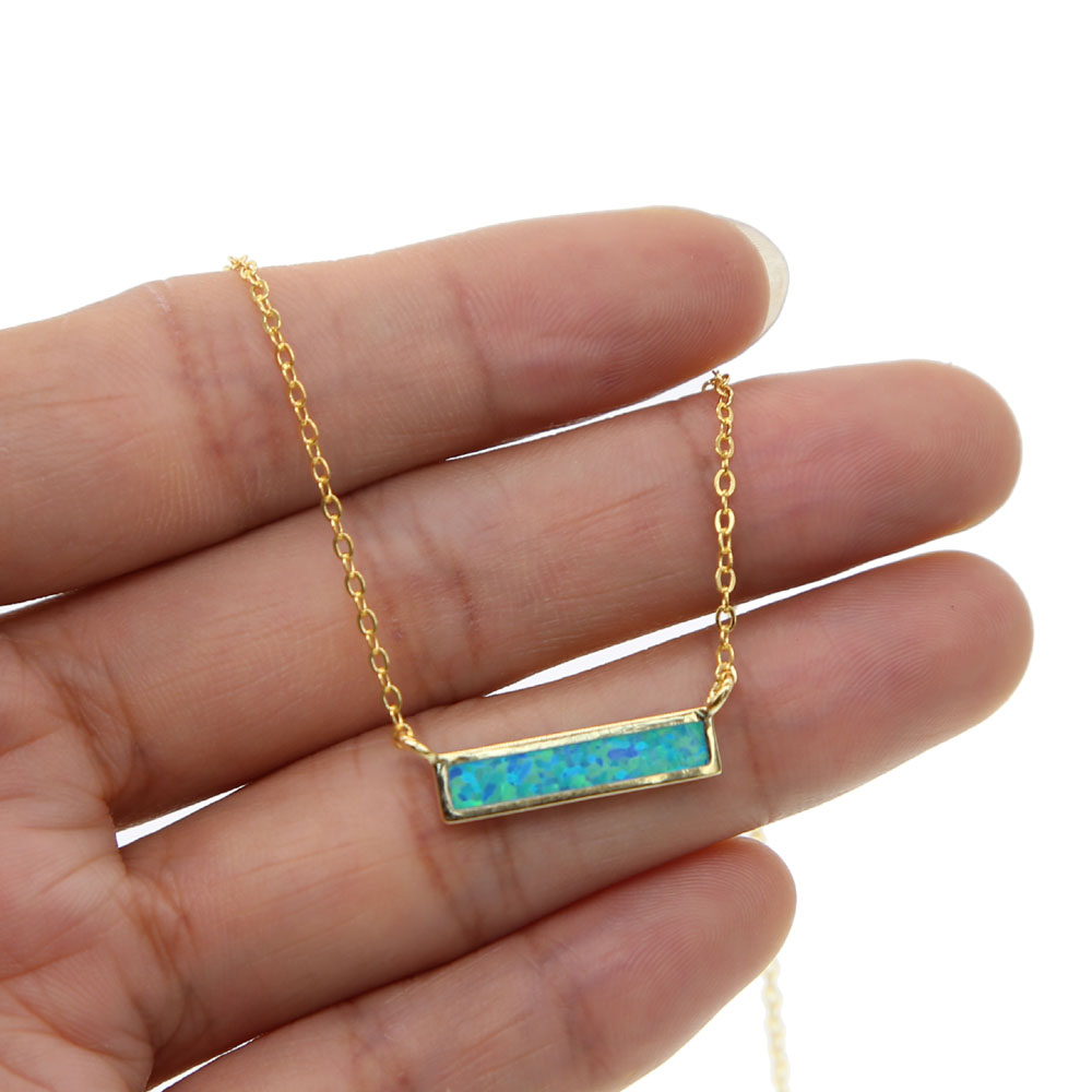 100% 925 sterling silver opal gemstone jewelry blue white fire opal simple geometric bar charm minimal silver necklaces
