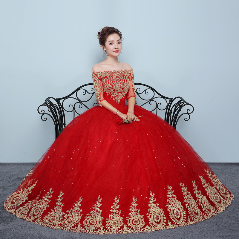 Vintage Ball Gown Boat Neck Wedding Dresses 2018 New Fashion Lace Half Sleeve Gold Appliques Customized Plus Size Bridal Dress