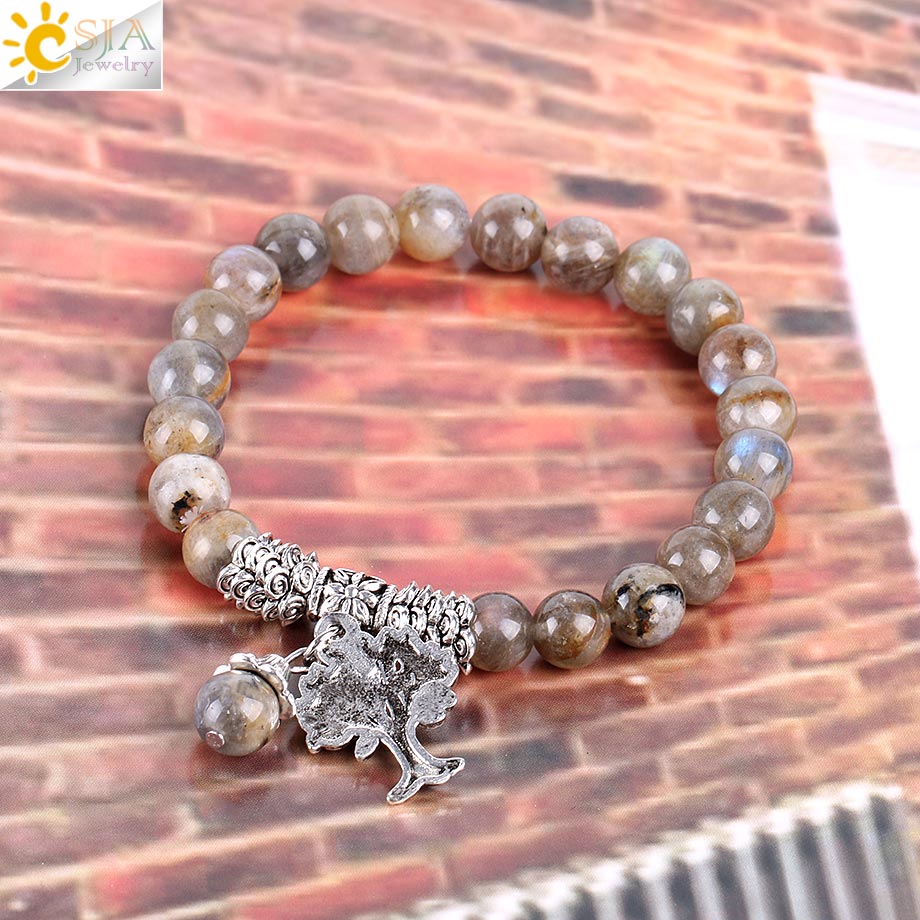 CSJA Natural Labradorite Spectrolite Women Bracelets Bangles Gemstone Mala Beads Tree of Life Charm Reiki Healing Meditation Jewel