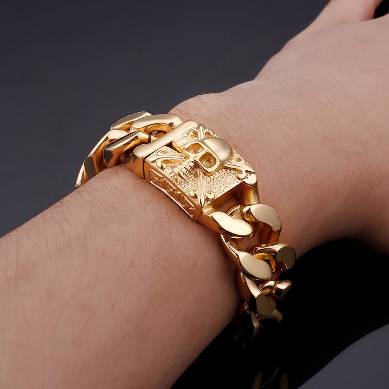 Vintage Men's Skeleton Pattern Bracelet Thick Heavy Stainless Steel Hip Hop Rock Skull Buckle Bangle Jewelry