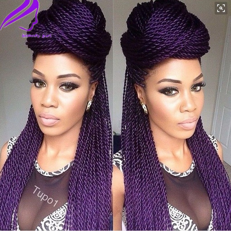 Long Straight Fully hand braided Lace Front wigs purple/brown /black/blonde Senegalese Rope 2x twist Synthetic Handmade Wig For black Women