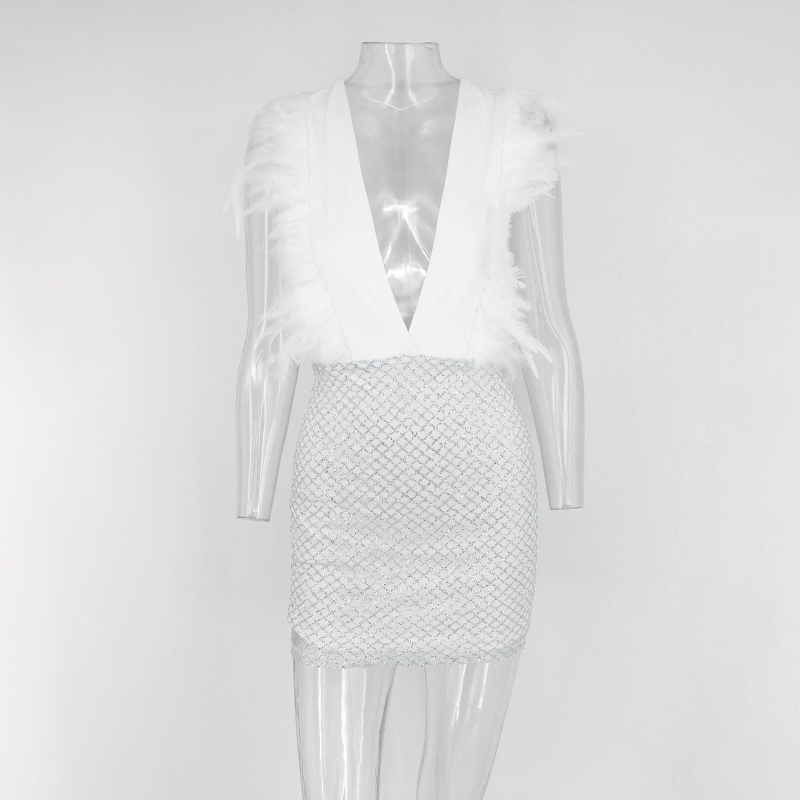 20187 Joyfunear Evening Party Feather Dresses Women Vintage Deep V Neck Sleeveless Sequins Dress Nightclub Short Mini Bodycon Dress