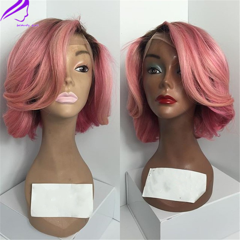 Fashion wavy short wigs for black women 14inch Glueless ombre pink Synthetic Lace Front Wig With Baby Hair Heat Resistant