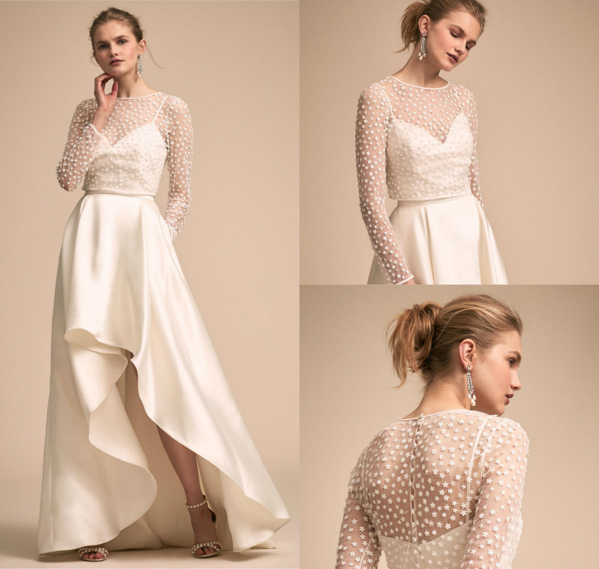 Beach BHLDN Wedding Dresses With Lace Jacket High Low Spaghetti Strapless Satin Bohemian Wedding Dress Cheap Long Sleeve Bridal Gowns