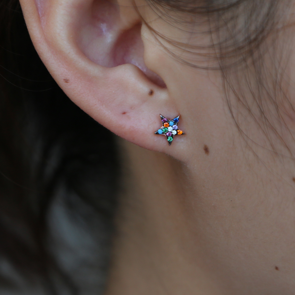 rainbow mix color cubic zirconia small star earring 925 sterling silver dainty delicate colorful star earrings