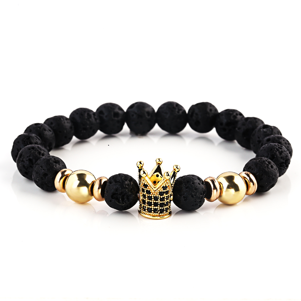 Black Lava Natural Stone Volcanic Rock Beads Strand Bracelets Trendy Gold Zircon Crown Bright Bead Bracelet Men Women Pulseras