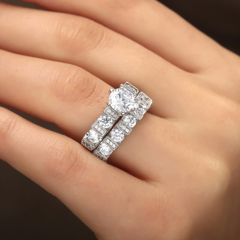 Unique Vintage Choucong Couple Rings: Sier, Retro Eternity, Round Cut White Topaz CZ Dia Women's Bridal Ring Set