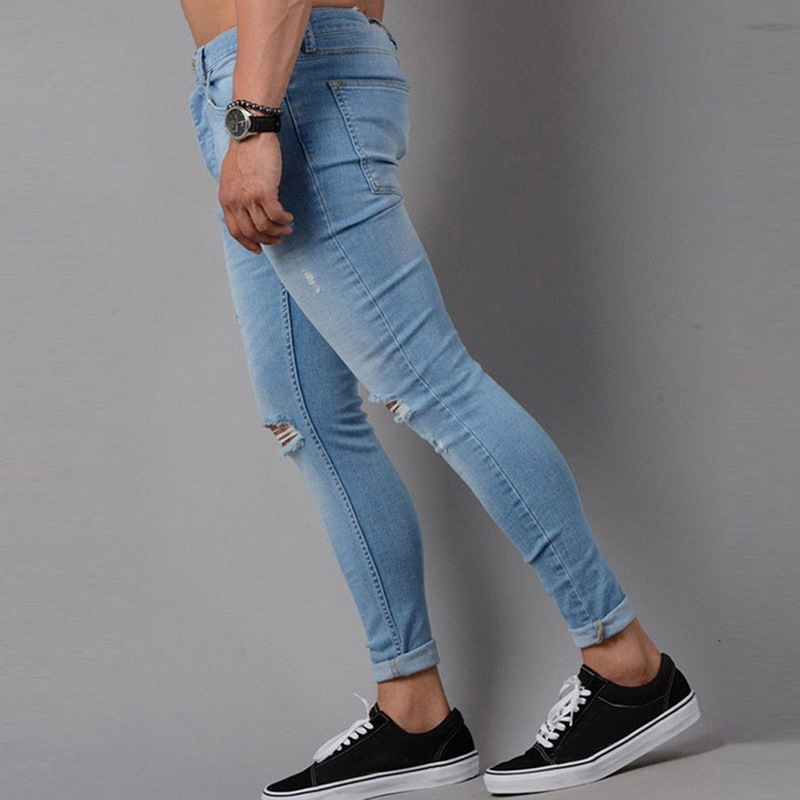 NIBESSER Skinny Blue Jeans Men Autumn Vintage Denim Pencil Pants Casual Stretch Trousers 2018 Sexy Hole Ripped Male Zipper Jeans S913