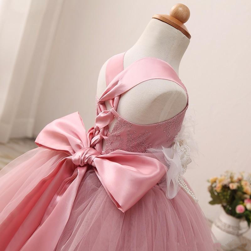 little girls ball gowns flower girls dresses with straps feather corset back pink tulle cheap wedding gowns lace ruched
