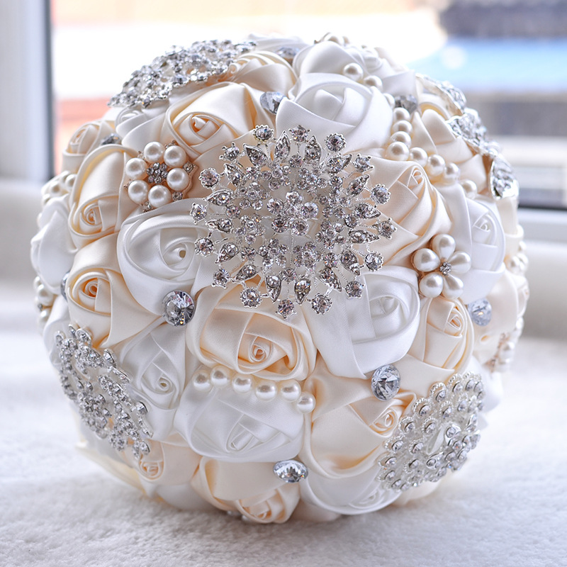 Satin Rose Wedding Bridal Bouquets Handmade Flowers Artificial Rose Crystals Wedding Supplies Bride Holding Flowers Brooch Bouquet CPA1547