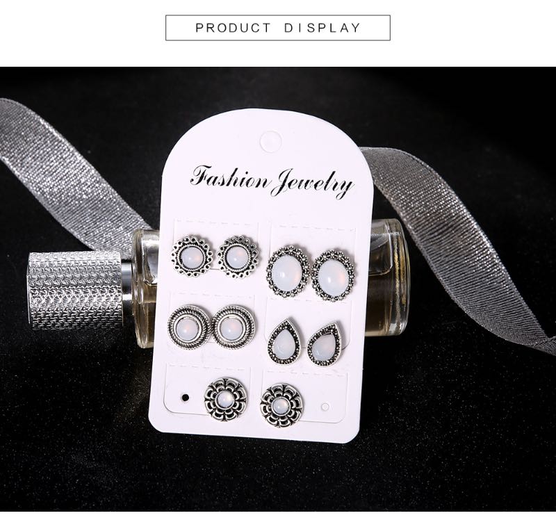 Bohemia Fashion Opal Stud 5 Pairs For One Earring Set Big White Stone Vintage Design Alloy Studding Wholesale