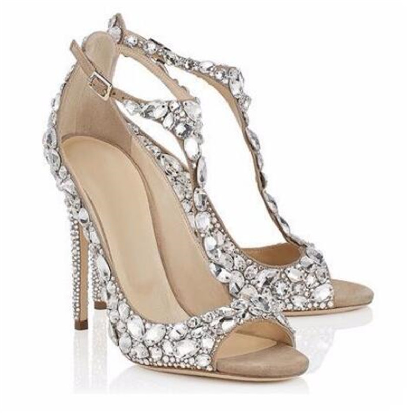 New Fashion Women Pointed Toe Black Nude Rhinestone Pumps Ankle Strap Crystals Beads High Heels Wedding Shoes Dress Shoes