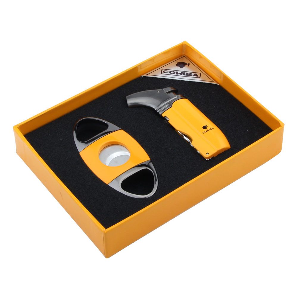 New arrival COHIBA high grade yellow cigar set with jet flame windproof torch lighter and stainless steel cigar cutter for christmas gift
New arrival COHIBA high grade yellow cigar set with jet flame windproof torch lighter and stainless steel cigar cutter for christmas gift